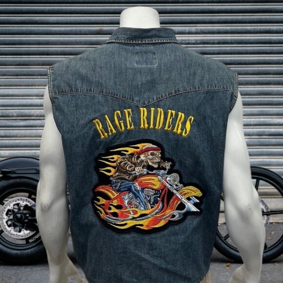 Wrangler Blue Denim Embroidered Back Patch "Rage Riders" Biker Motorcycle Vest L - Picture 3 of 14
